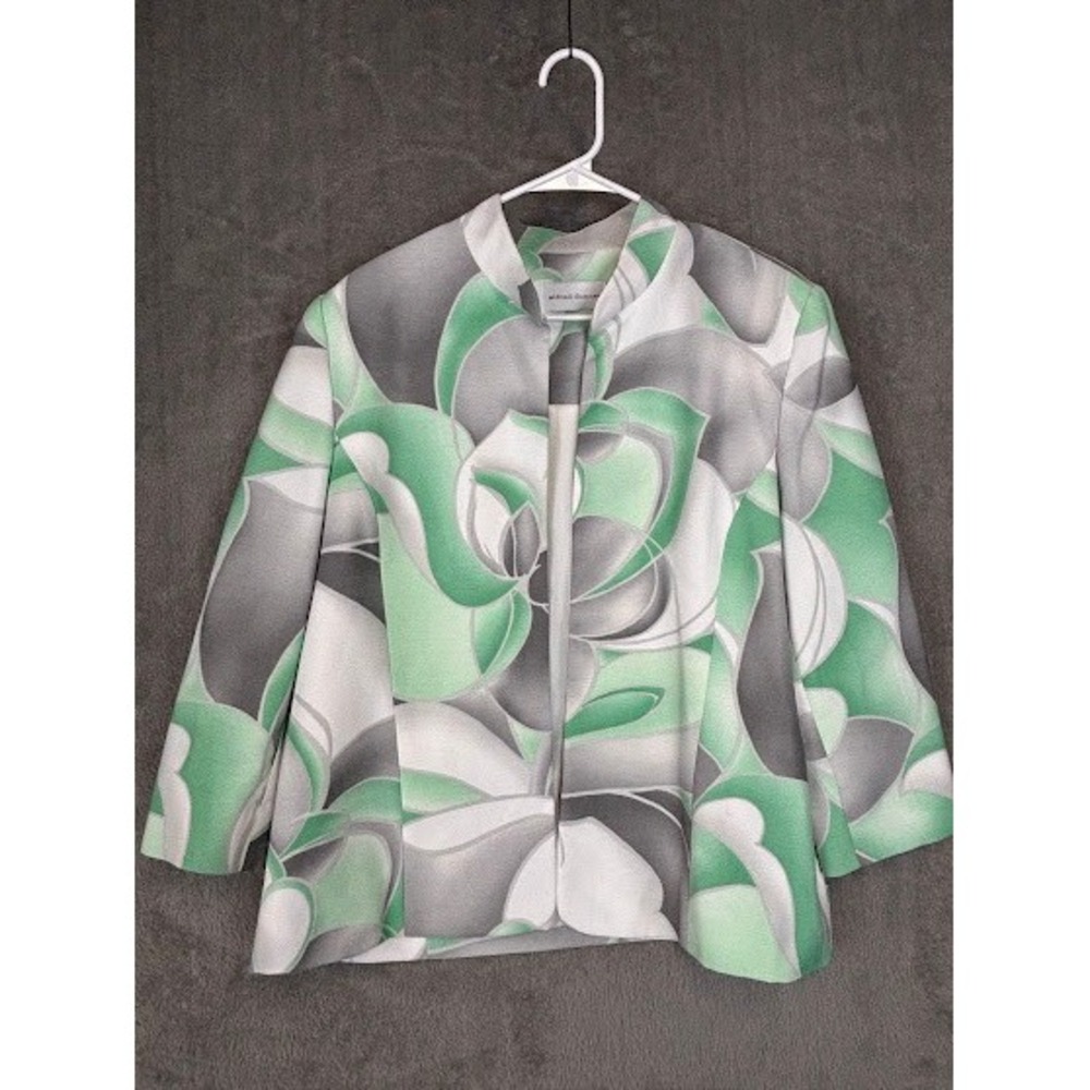 Alfred Dunner Womens 16 Blazer Jacket Mint Green Grey Floral Abstract Open Front